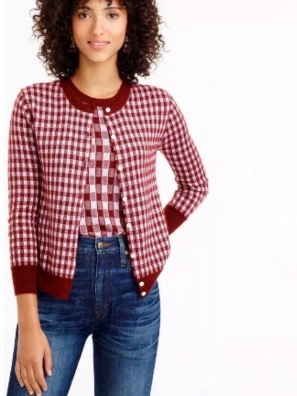 J. Crew Featherweight Knit Cardigan Checkered Cashmere 2pc Set Burgundy Maroon
